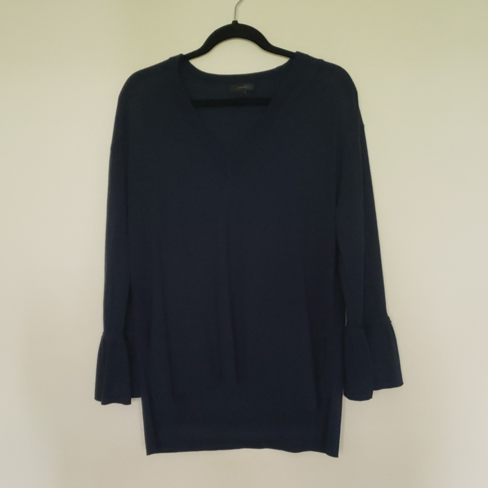 J Crew Navy V Neck Sweater with Bell Sleeve